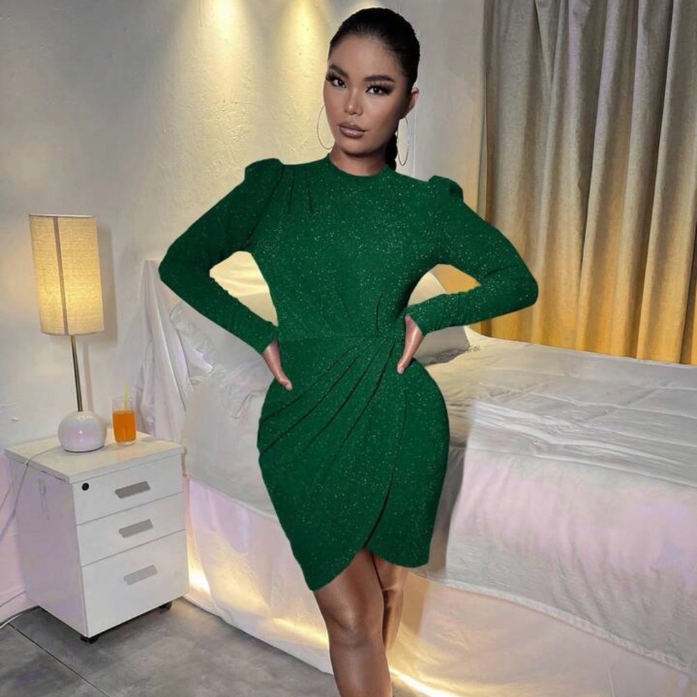 Emerald green Puff Sleeve Tulip Hem Glitter Bodycon Mini Dress